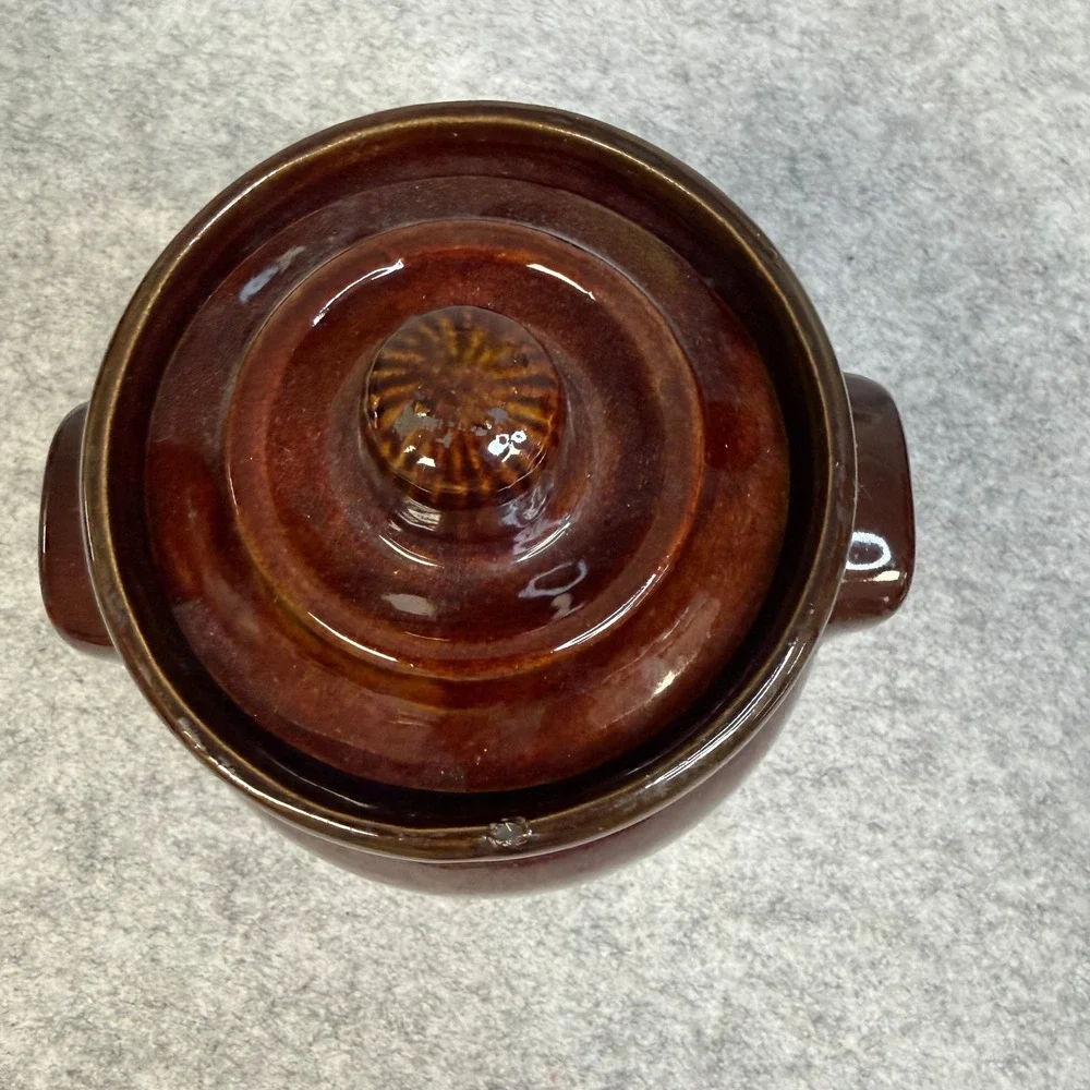Vintage Two Tone Brown and Cream Stoneware Bean Pot Crock with Lid and Handles